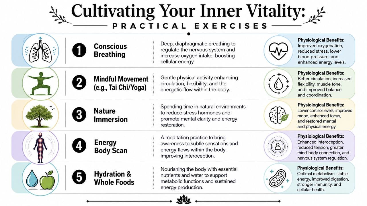 A list of five practical exercises for cultivating inner vitality, including conscious breathing, movement, nature immersion, and nutrition.