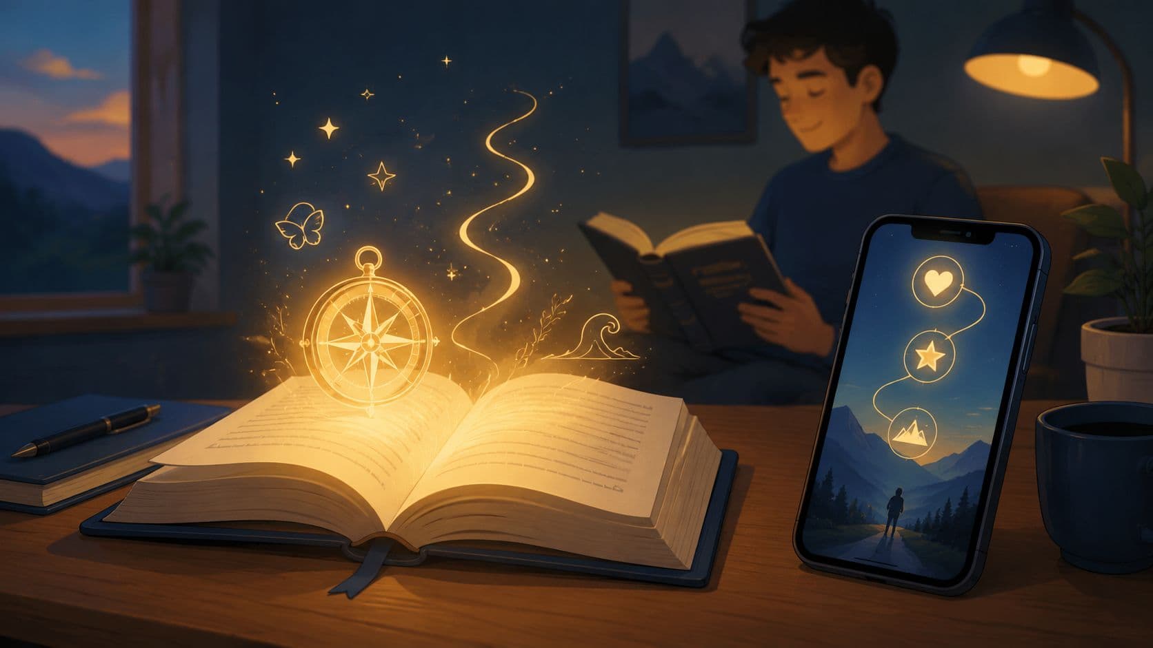 A magical glowing compass hovering over an open book next to a smartphone displaying a mountain travel path.