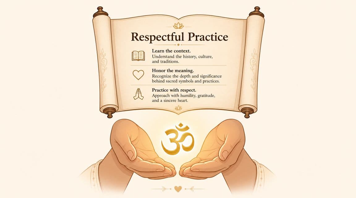 An illustrated scroll with respectful practice guidelines above a pair of hands holding the golden Om symbol.