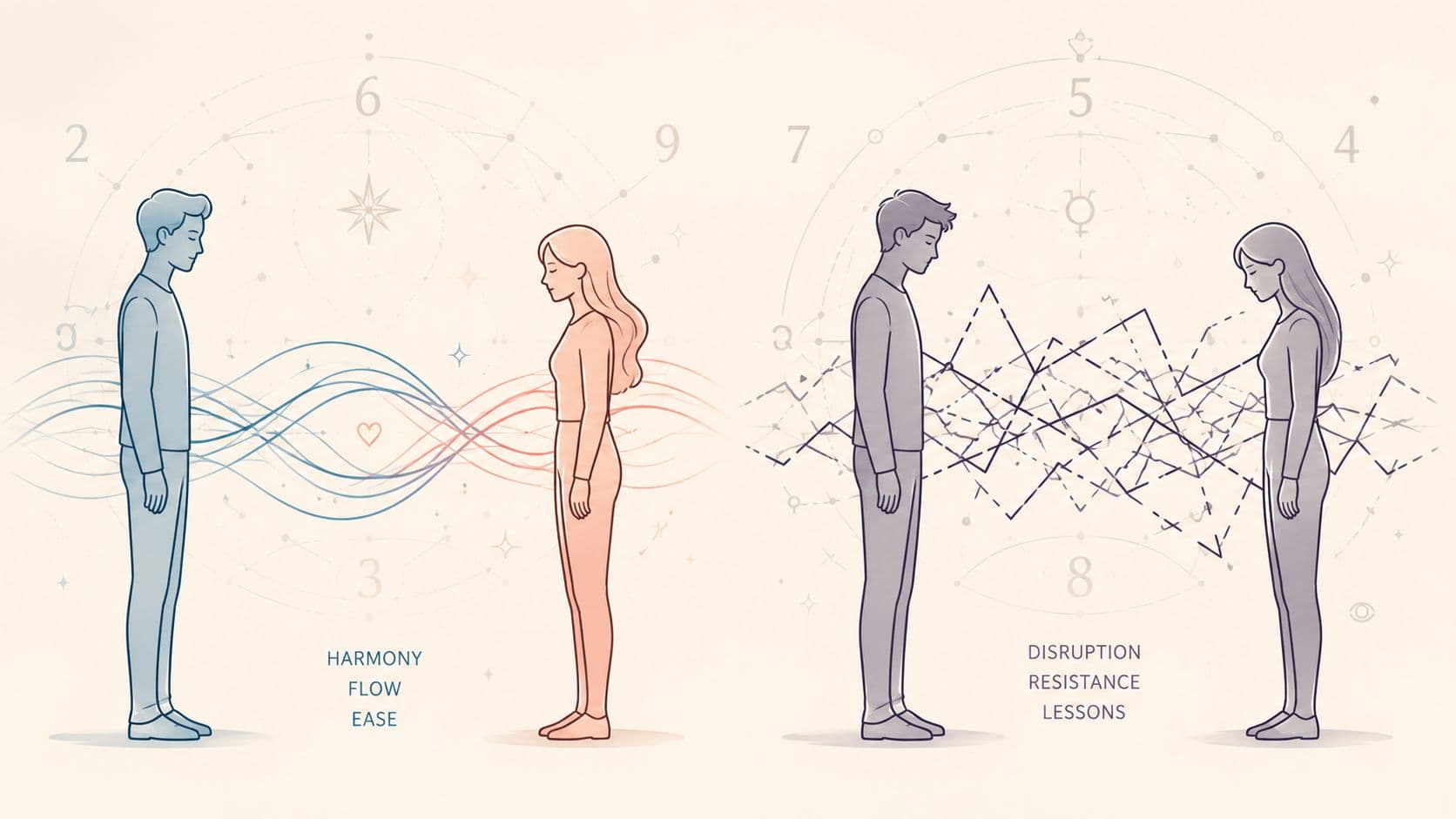 An illustration showing two pairs of people representing harmony, flow, and ease versus disruption, resistance, and lessons.