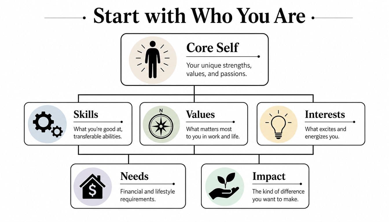 A diagram illustrating the career self-assessment process, highlighting core self, skills, values, interests, needs, and impact.