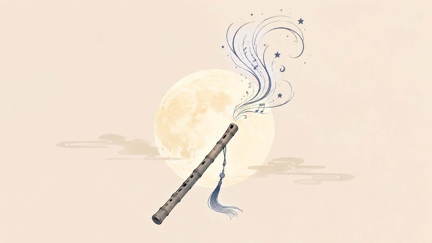 A traditional wooden bamboo flute floating before a glowing full moon with swirling musical notes and stars.