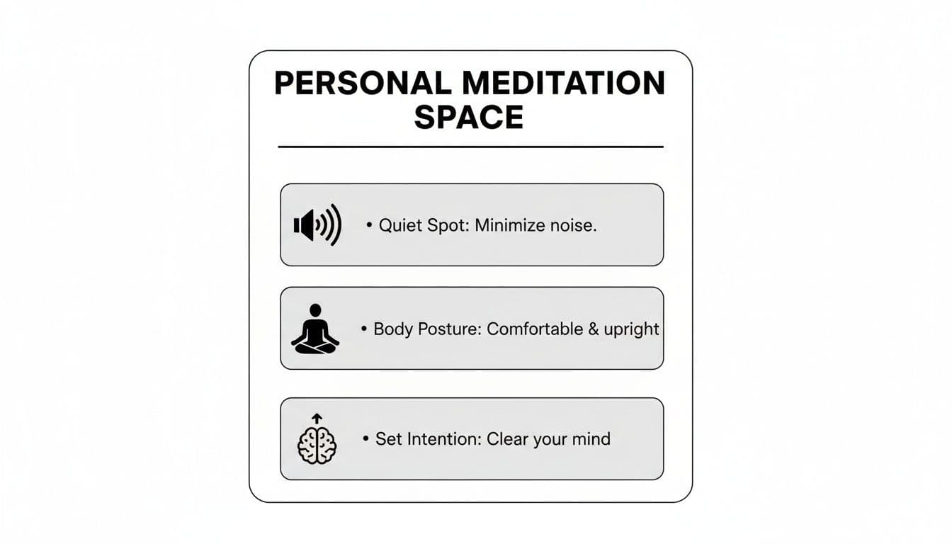 Infographic showing essential elements for a personal meditation space, including quietness, posture, and intention.