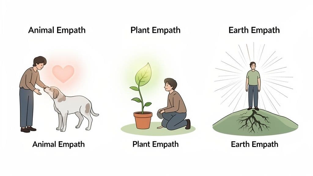 Three illustrations showing different empath types: animal, plant, and earth empaths.