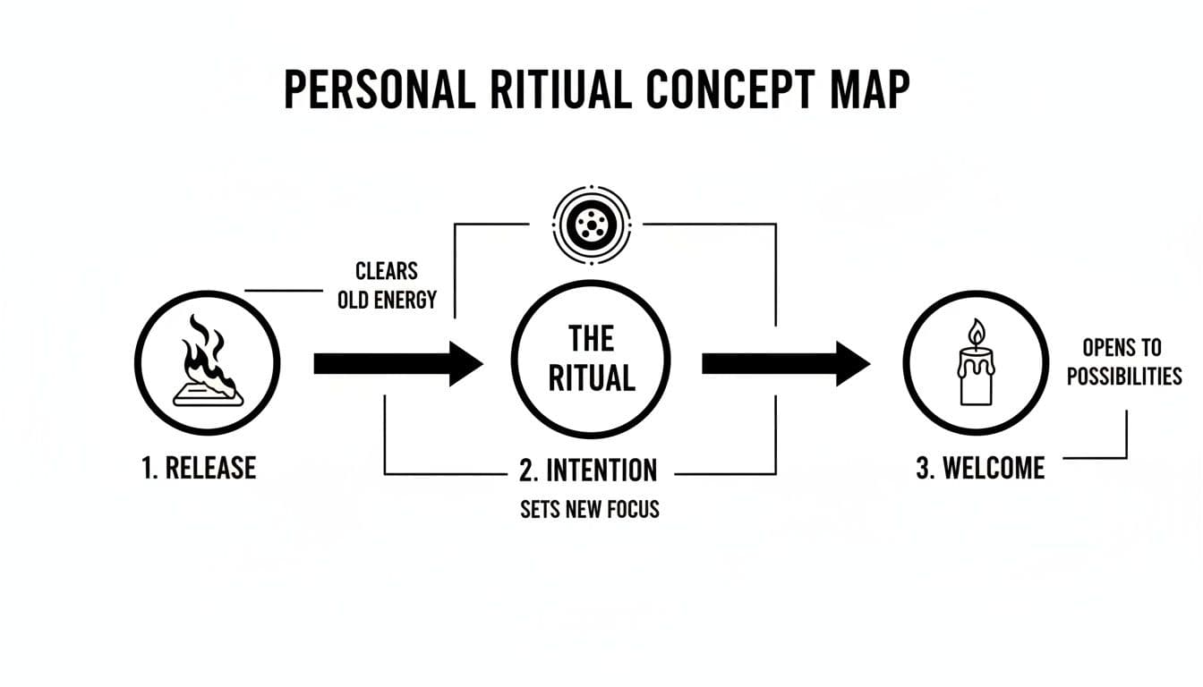 A personal ritual concept map with three steps: Release old energy, set new intention, and welcome new possibilities.