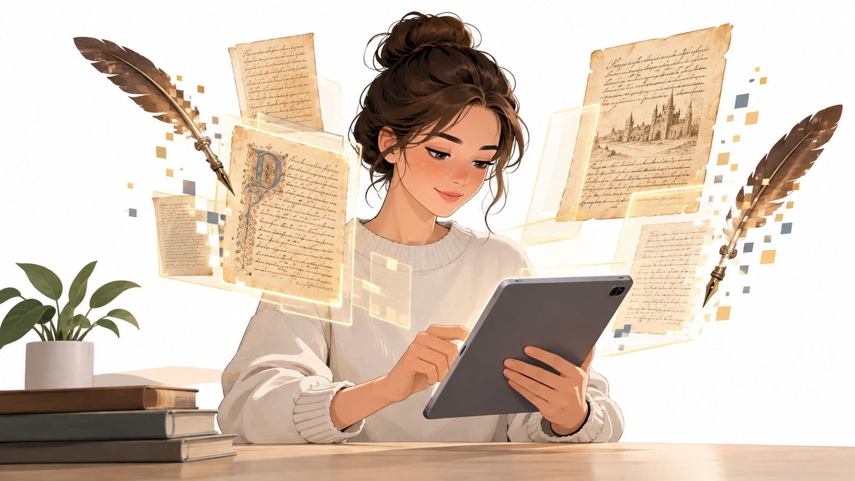 A young woman using a tablet surrounded by floating ancient manuscripts and vintage quill pens digitally displayed.