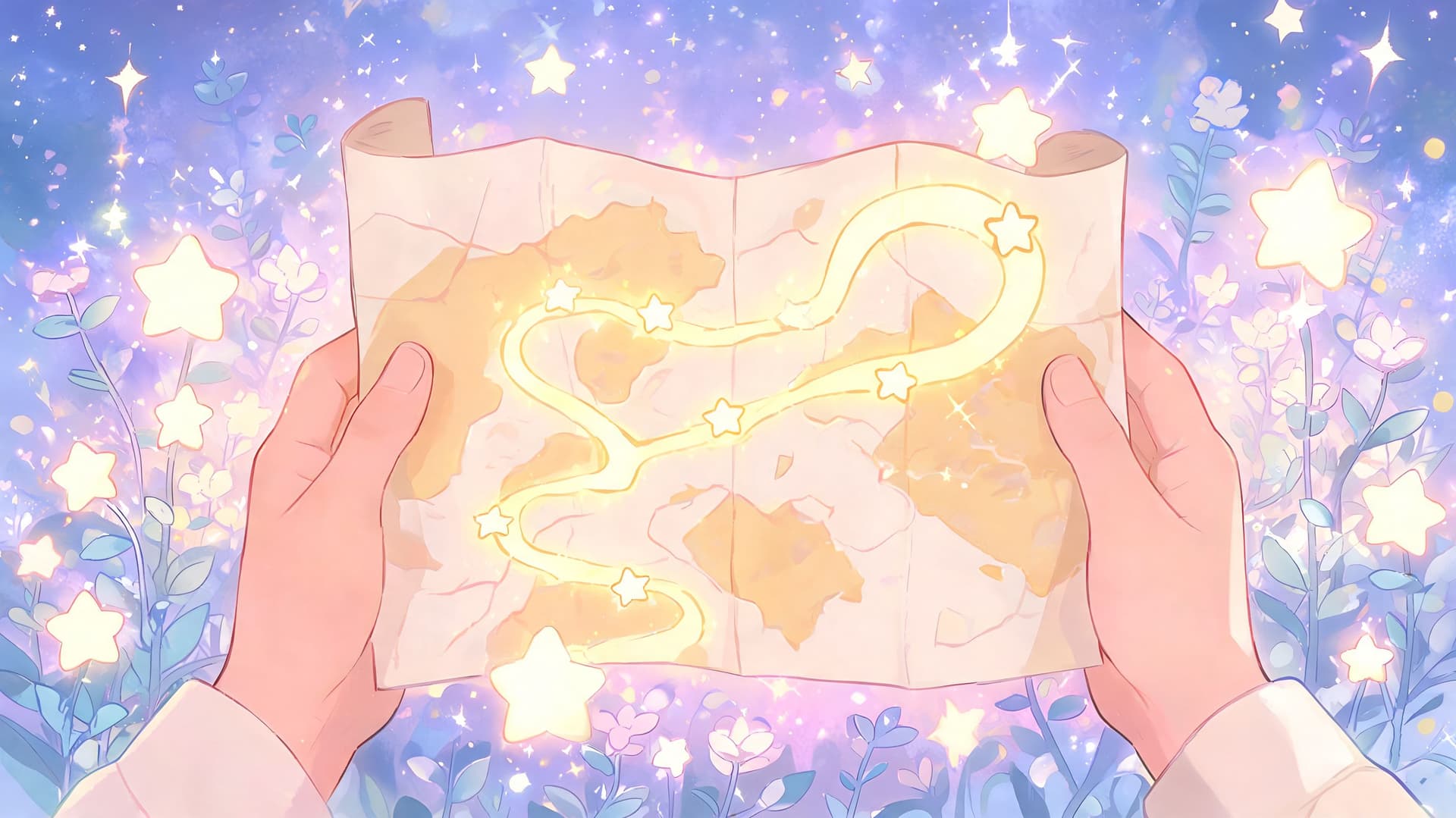 A person holding a glowing magical map with star markers amidst a dreamy, sparkling, floral background.
