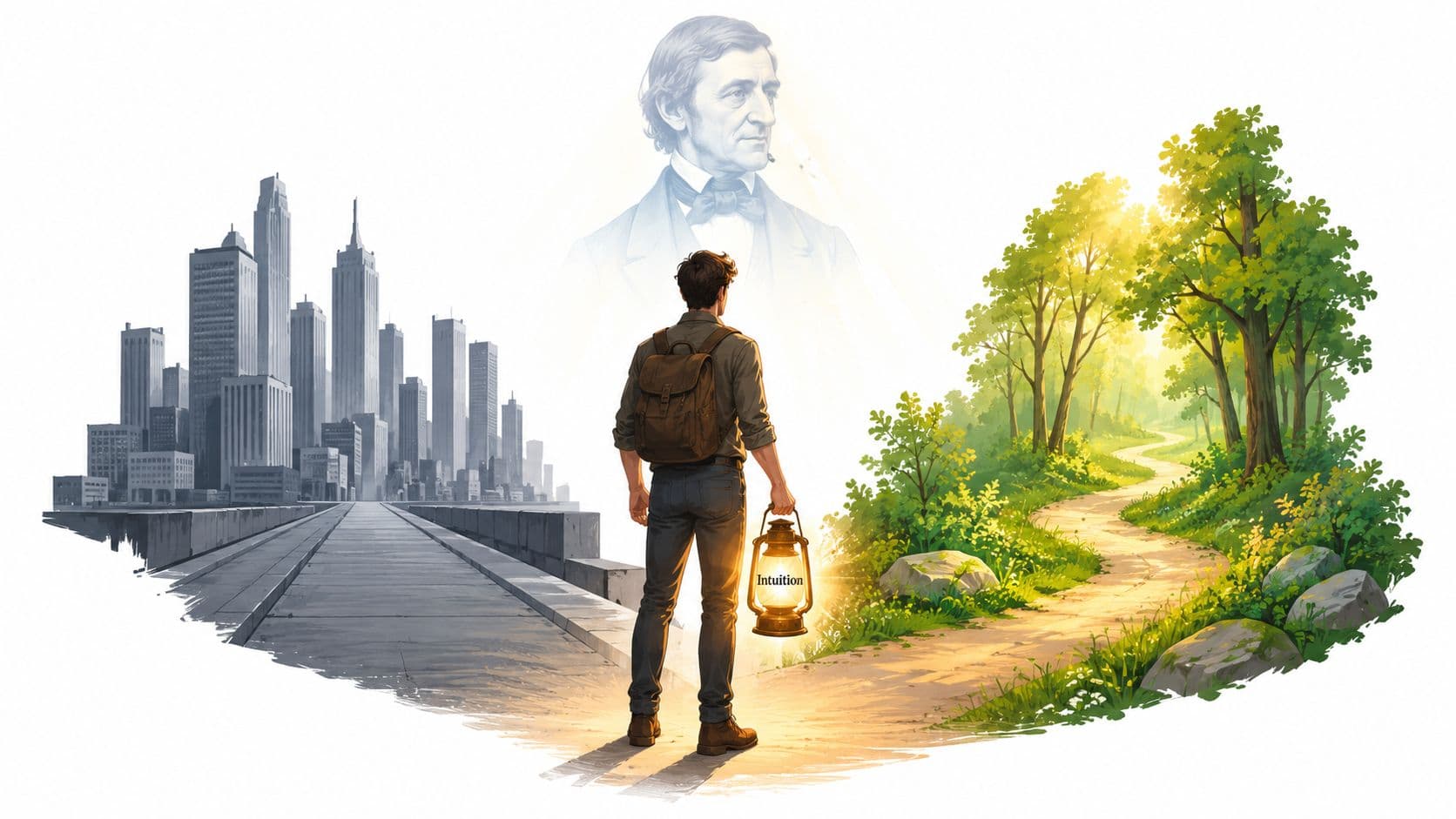 A man stands between a city and a path in nature, holding an illuminated lantern labeled Intuition.
