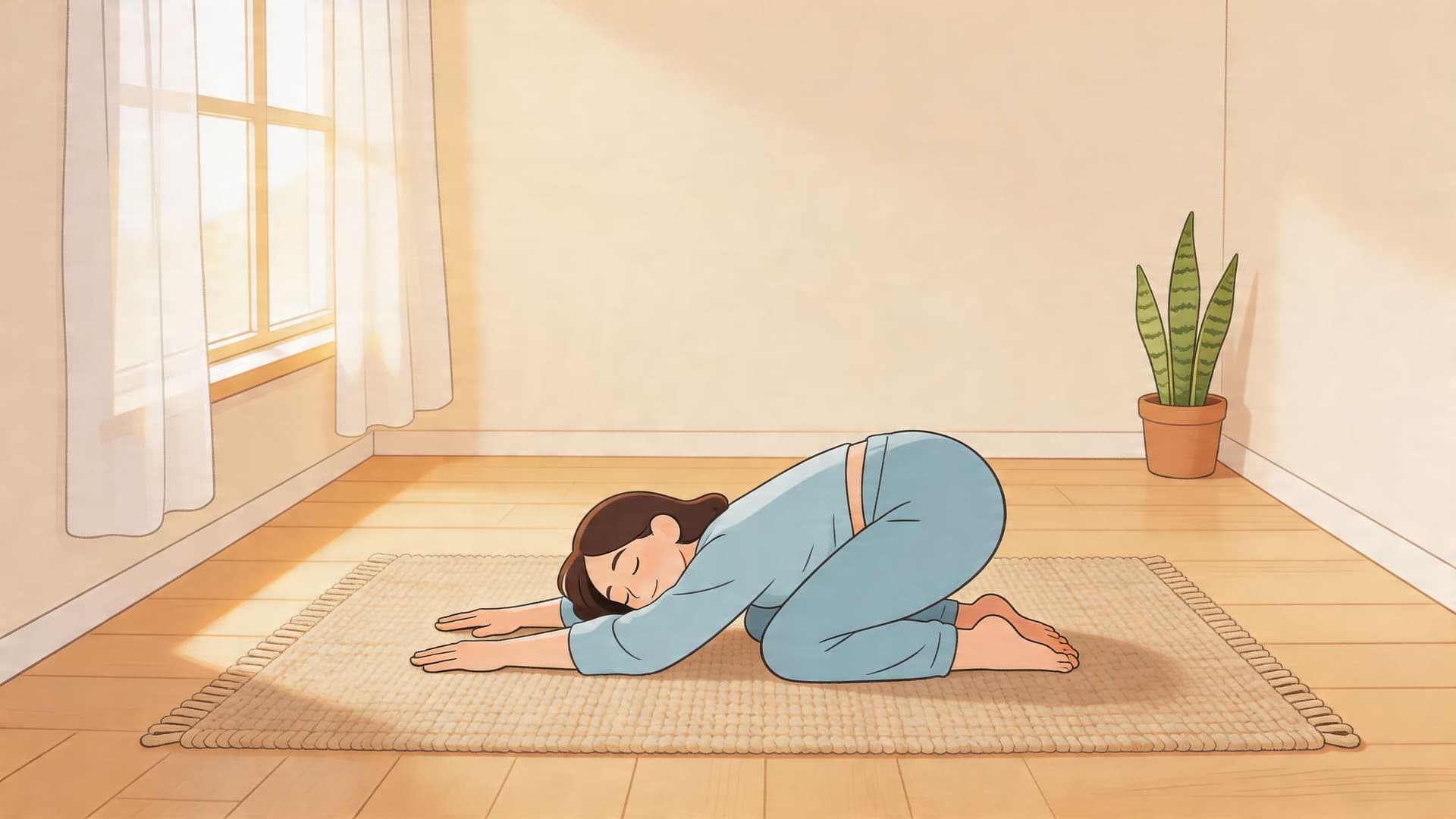 A young woman practicing the child's pose on a yoga mat in a sunlit room