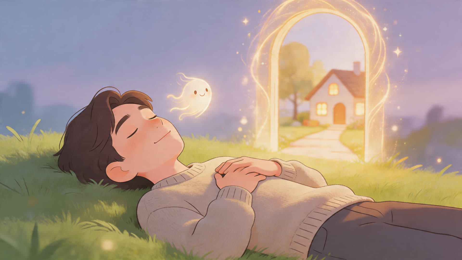 A person peacefully sleeping in a meadow with a glowing spirit creature and a magical archway home.