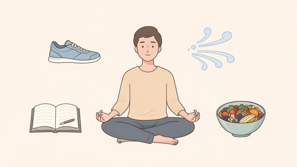 Illustration of a person meditating, surrounded by symbols of a healthy lifestyle: exercise, mindfulness, learning, and nutritious food.
