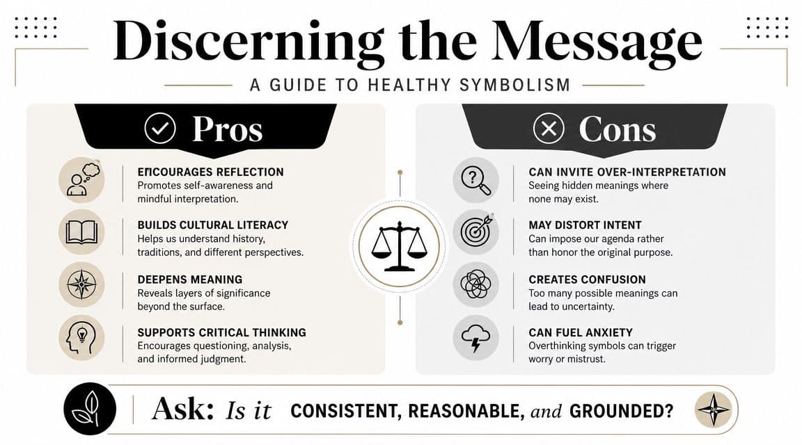 An infographic titled Discerning the Message presenting a guide to healthy symbolism with pros and cons listed.