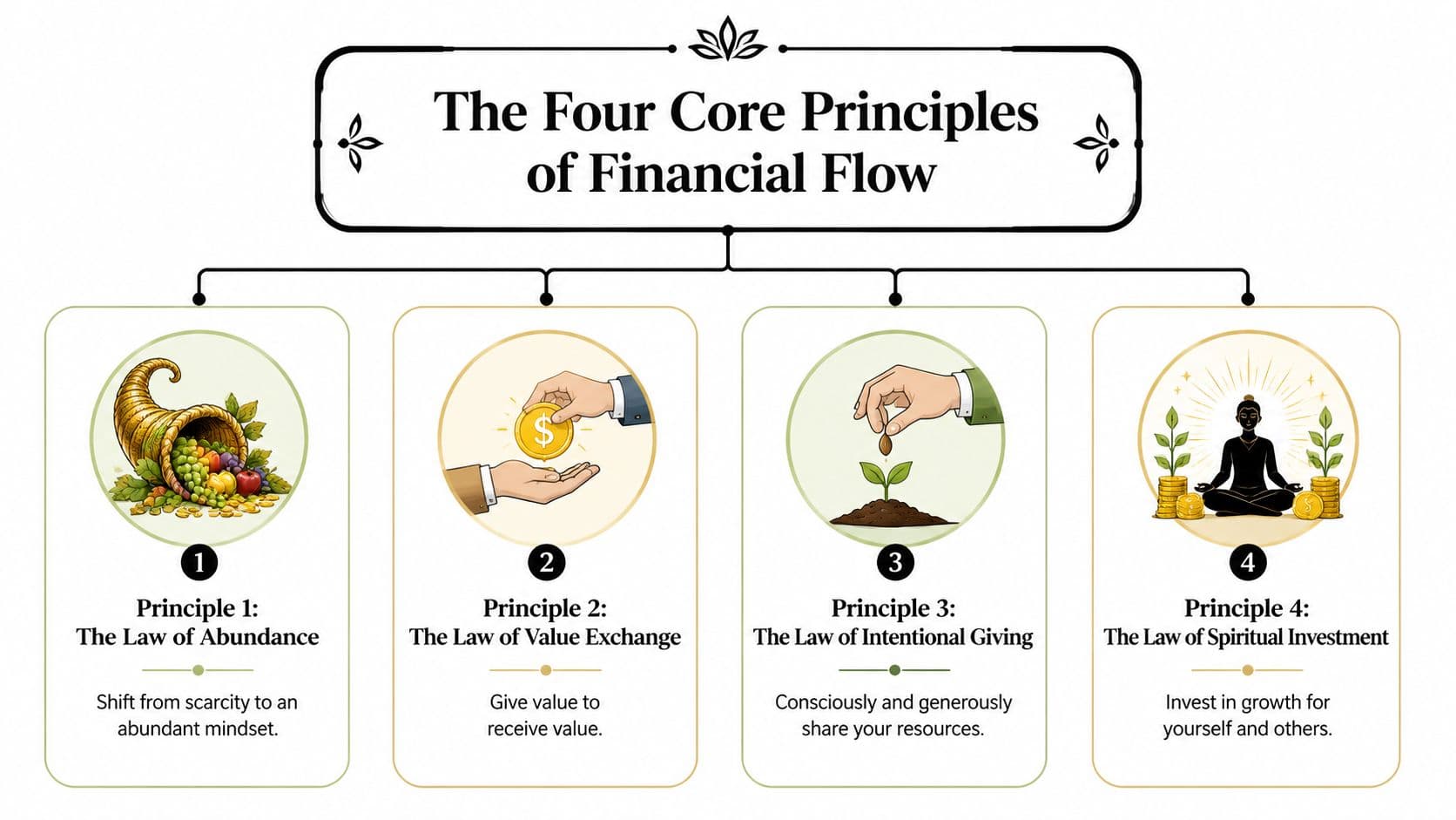 An infographic titled The Four Core Principles of Financial Flow showing concepts of abundance, value exchange, giving, and spiritual investment.