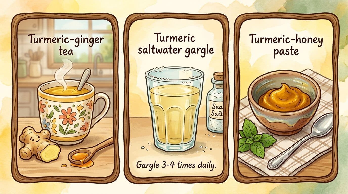 Three illustrated remedy cards showing turmeric-ginger tea, turmeric saltwater gargle, and turmeric-honey paste for sore throat relief.