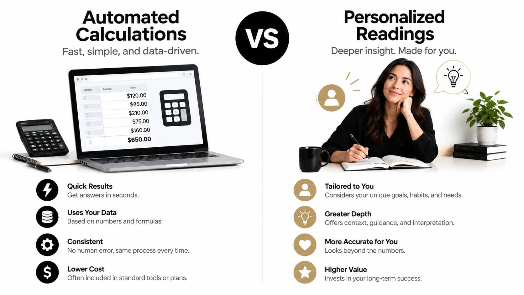 A comparison between automated calculations using data tools and personalized readings providing deeper insight and human guidance.