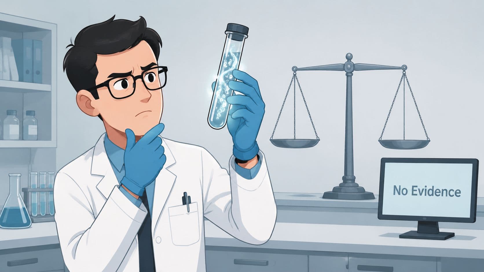 A scientist in a lab coat examining a bubbling test tube near a balance scale and monitor.