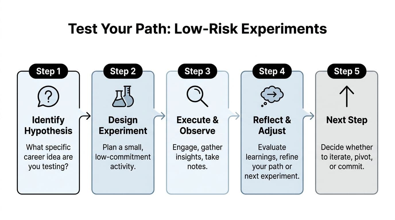 A flowchart showing a five-step process for testing career ideas through low-risk, iterative experiments.