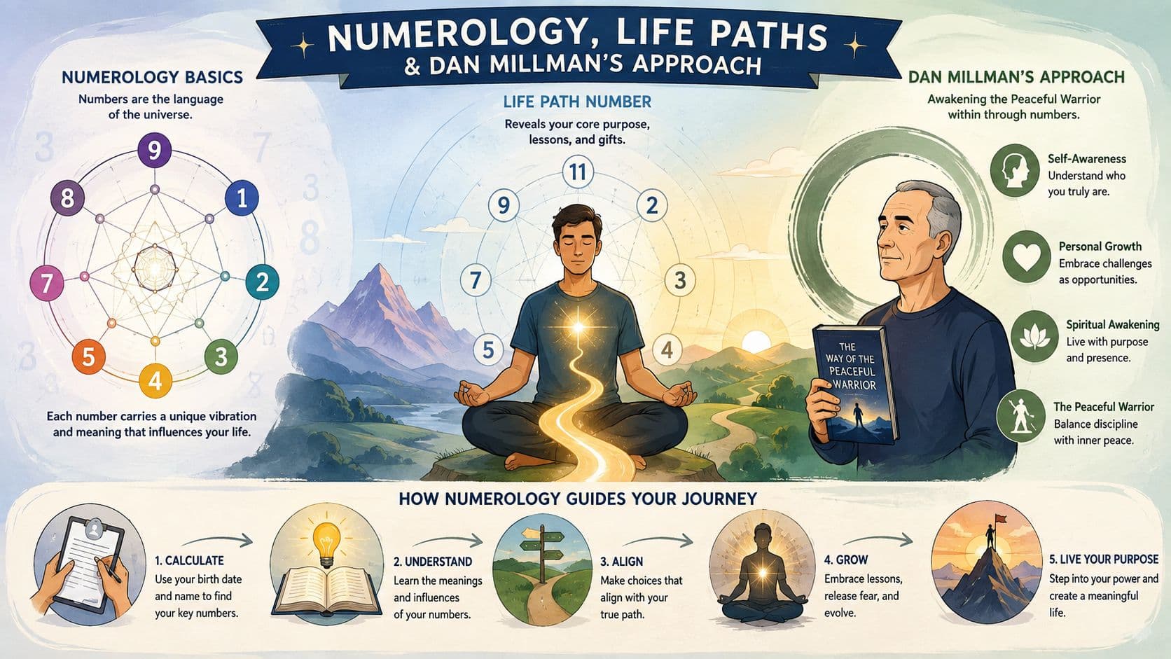 An infographic titled Numerology, Life Paths and Dan Millman's Approach, explaining concepts through numbers, meditation, and personal growth.