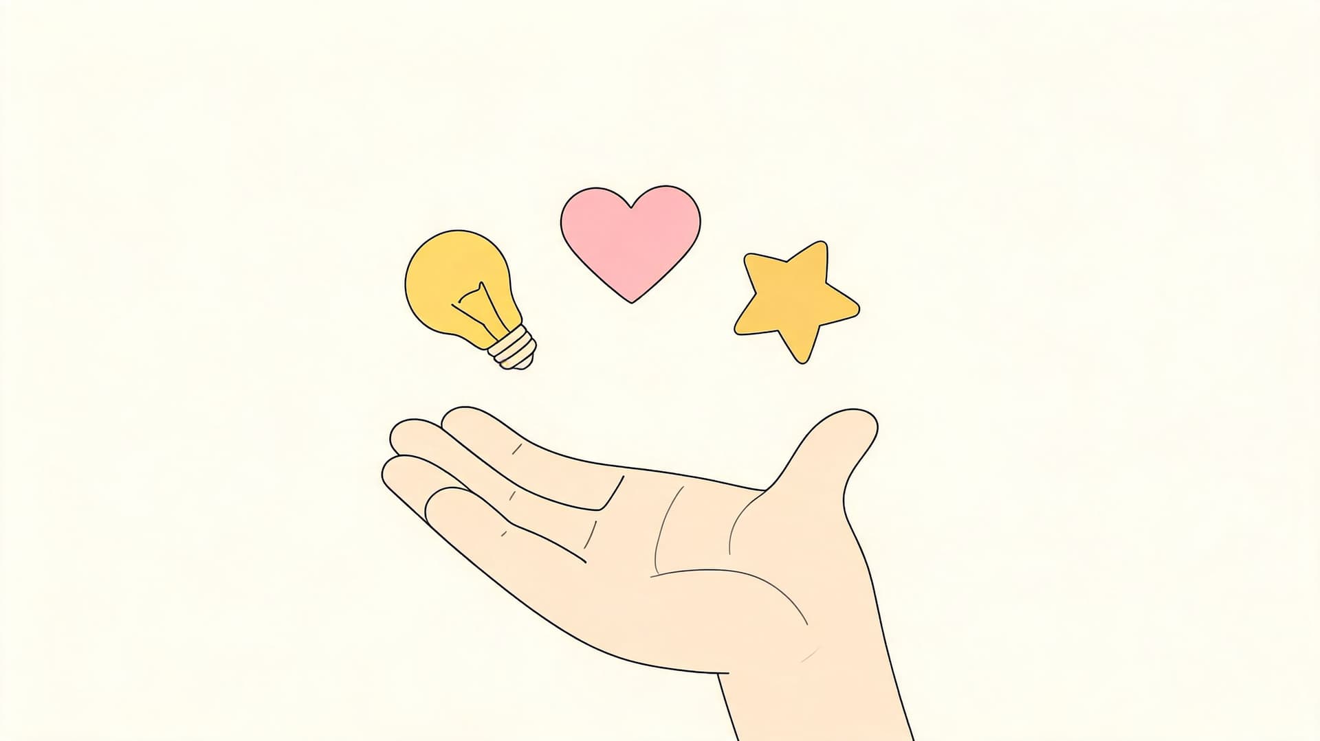 A hand holding a lightbulb, a pink heart, and a star symbol representing ideas, love, and inspiration.