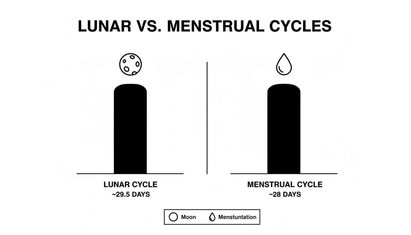 A black and white diagram comparing the lunar cycle (29.5 days) and the menstrual cycle (28 days).