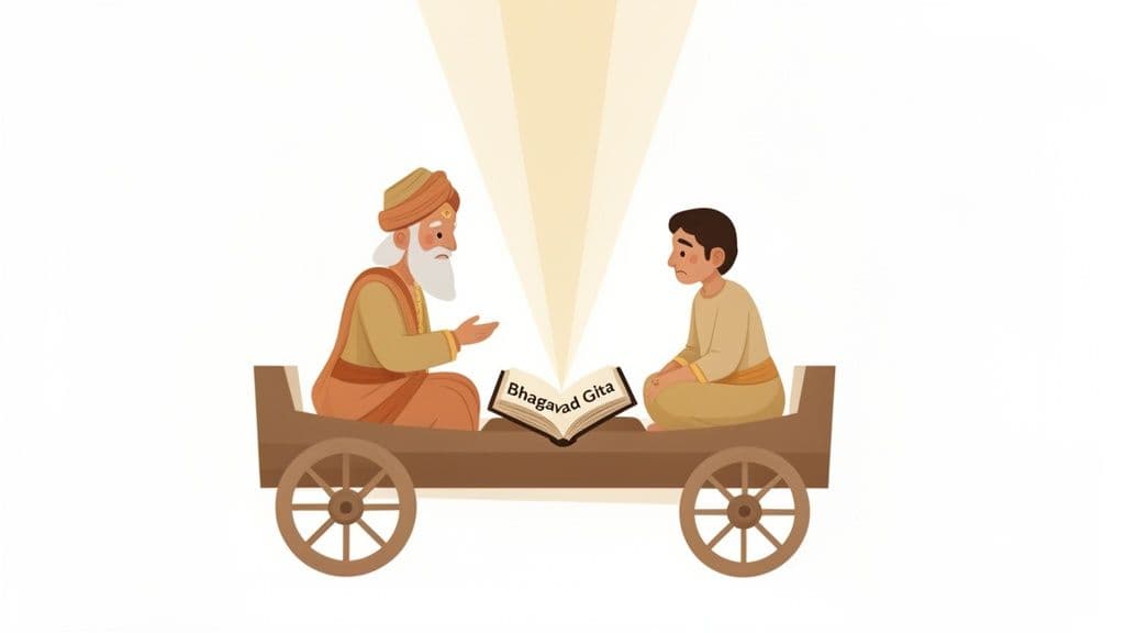 An old guru teaches a young disciple from the Bhagavad Gita in a chariot, illuminated by light.