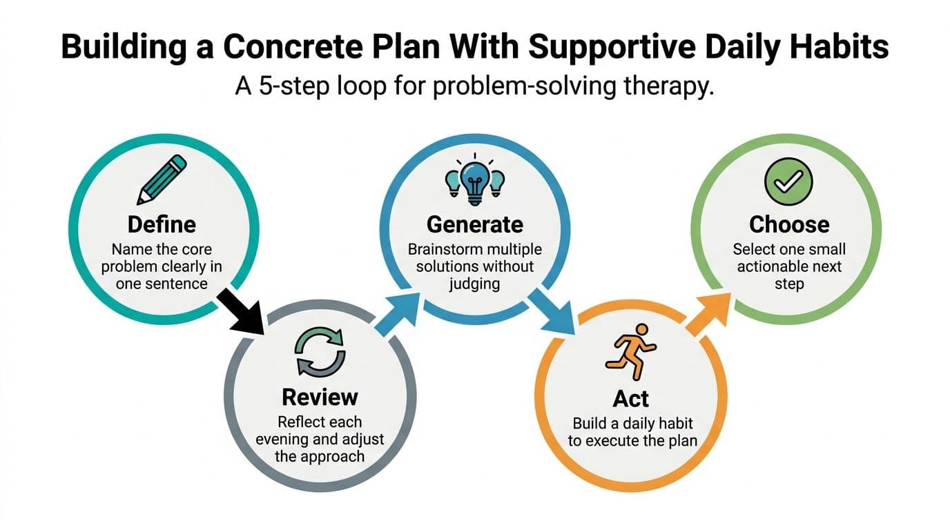A five-step loop diagram outlining a strategy for problem-solving therapy through daily habits and action.