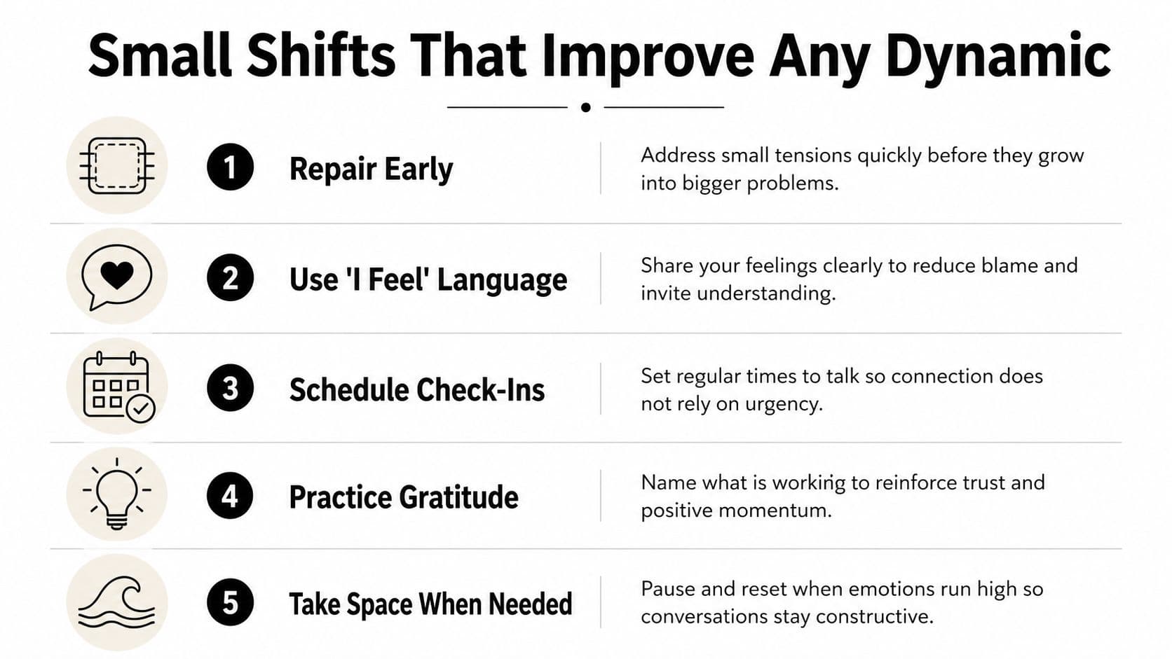 A list of five numbered tips for improving personal dynamics, including repairing early and practicing gratitude.