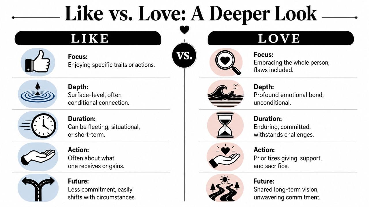 A comparison chart outlining key differences between liking someone and loving someone across five distinct categories.