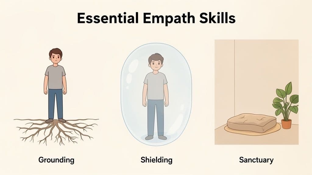 Three illustrations show essential empath skills: grounding with roots, shielding in a bubble, and a cozy sanctuary.