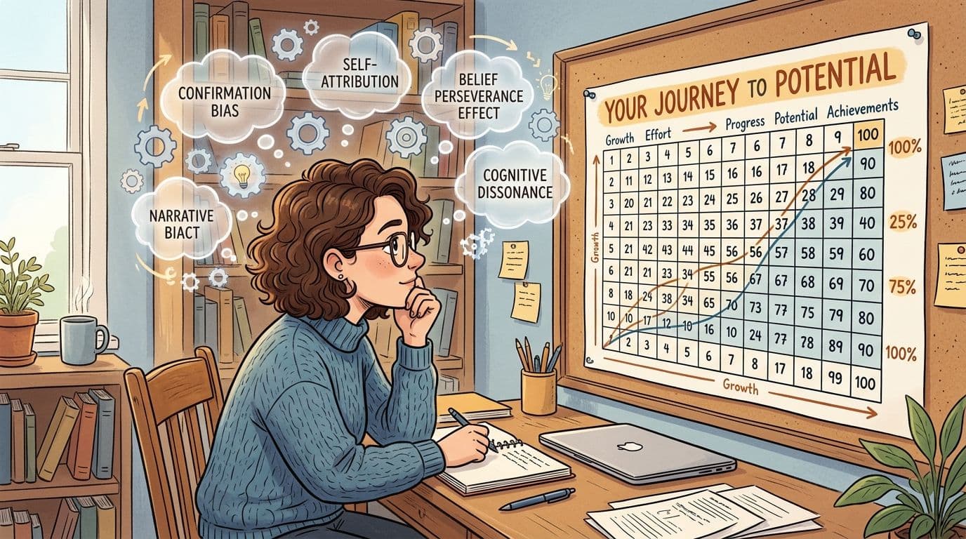 A woman studying psychological concepts while looking at a complex growth chart on a corkboard.