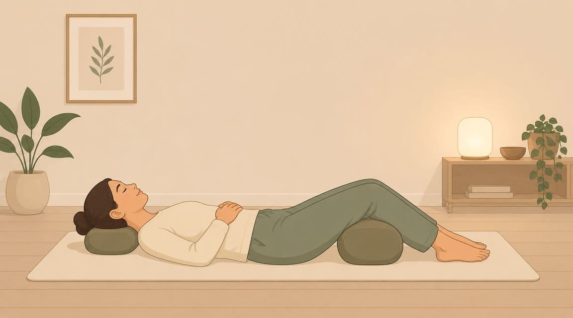 A relaxed person lying down on a yoga mat with cushions under their head and knees.