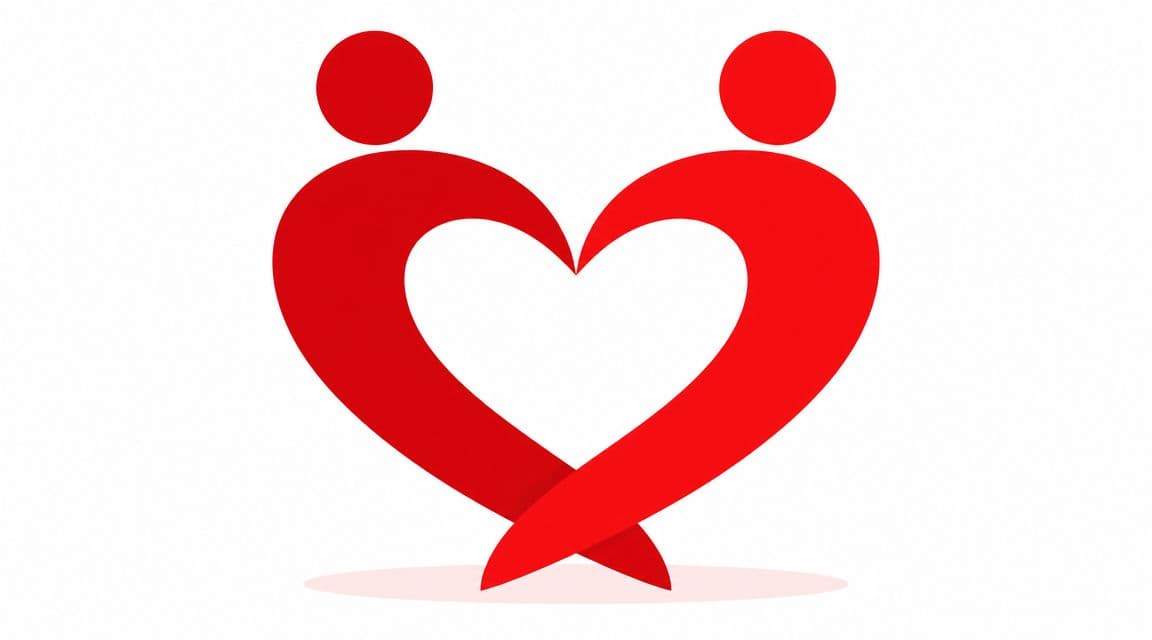 Two abstract red figures forming a heart shape, representing love, unity, and partnership against white.