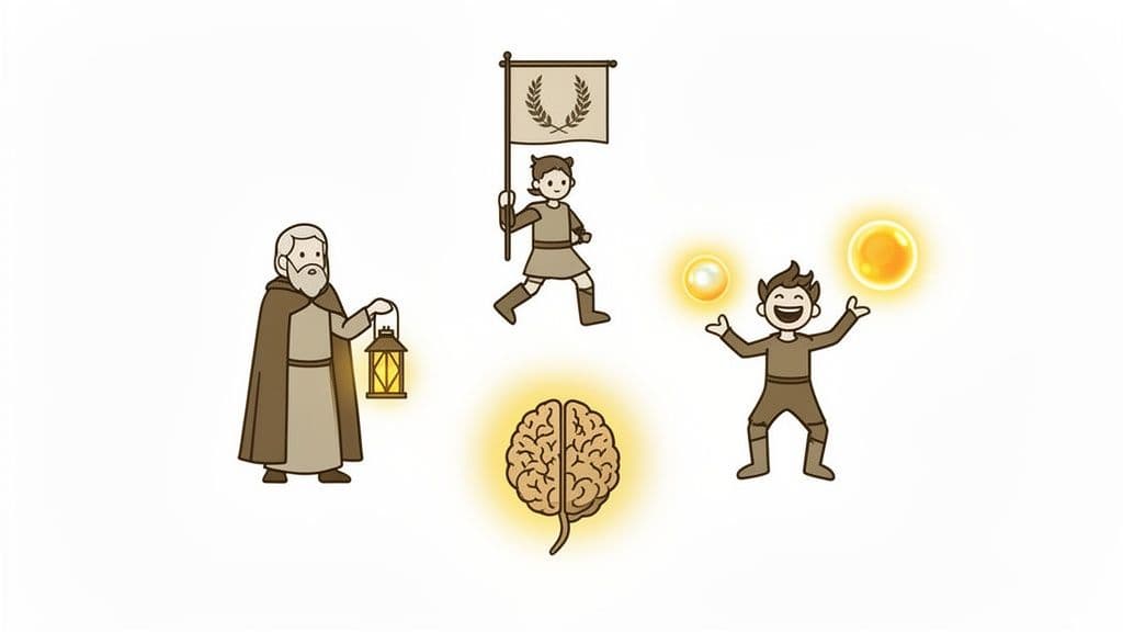 An old man with a lantern, a standard-bearer, a glowing brain, and a happy person with glowing orbs.