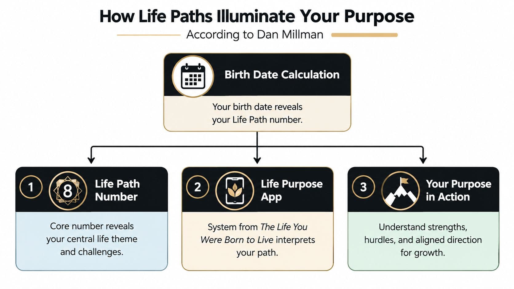 A diagram explaining how birth dates calculate life path numbers to reveal personal purpose and growth.