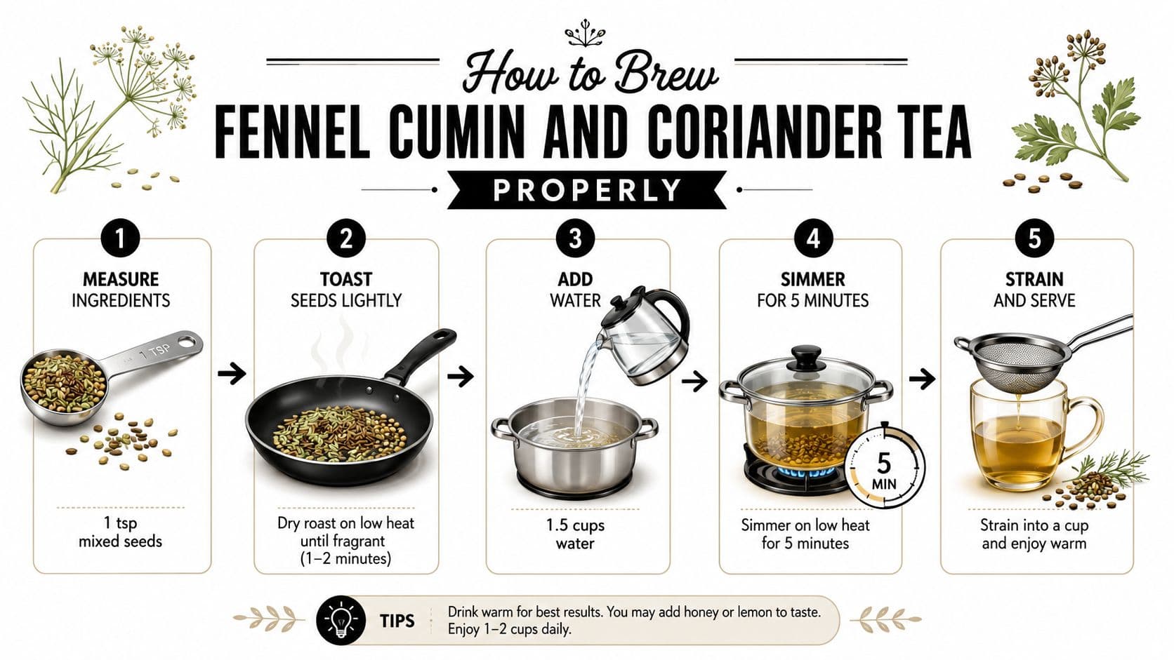 A five-step infographic illustration showing how to brew fennel, cumin, and coriander seed tea at home.
