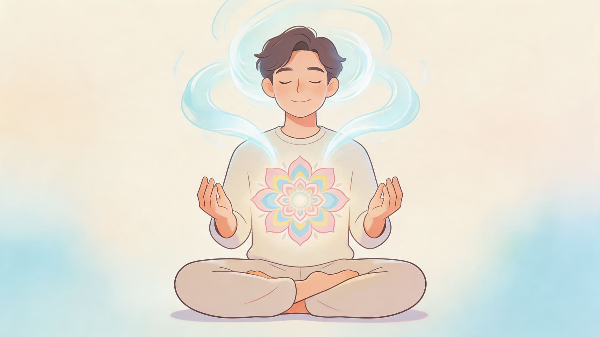 A peaceful young man practicing meditation with a colorful glowing mandala design on his chest.