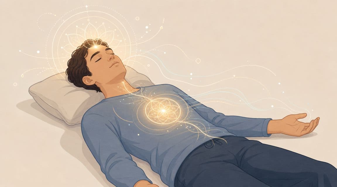 A person lying down peacefully with a glowing lotus and sacred geometry symbols around their body.