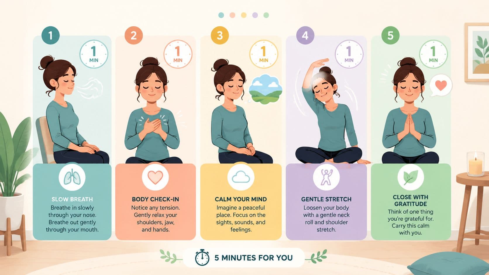 An infographic illustrating five simple mindfulness exercises for relaxation and stress management in five minutes.