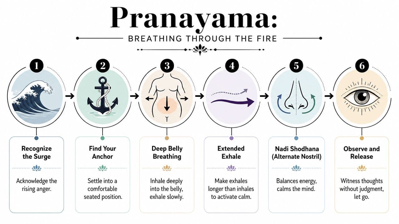 A step-by-step infographic titled Pranayama showing breathing techniques to manage anger and promote emotional balance.
