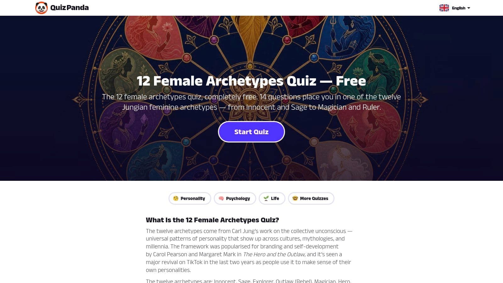 QuizPanda, 12 Female Archetypes (Jungian) Quiz